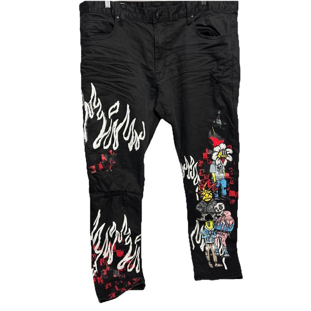 Smoke Rise Fashion Jeans 42X32 Black With Graphics Flames And Rhinestones